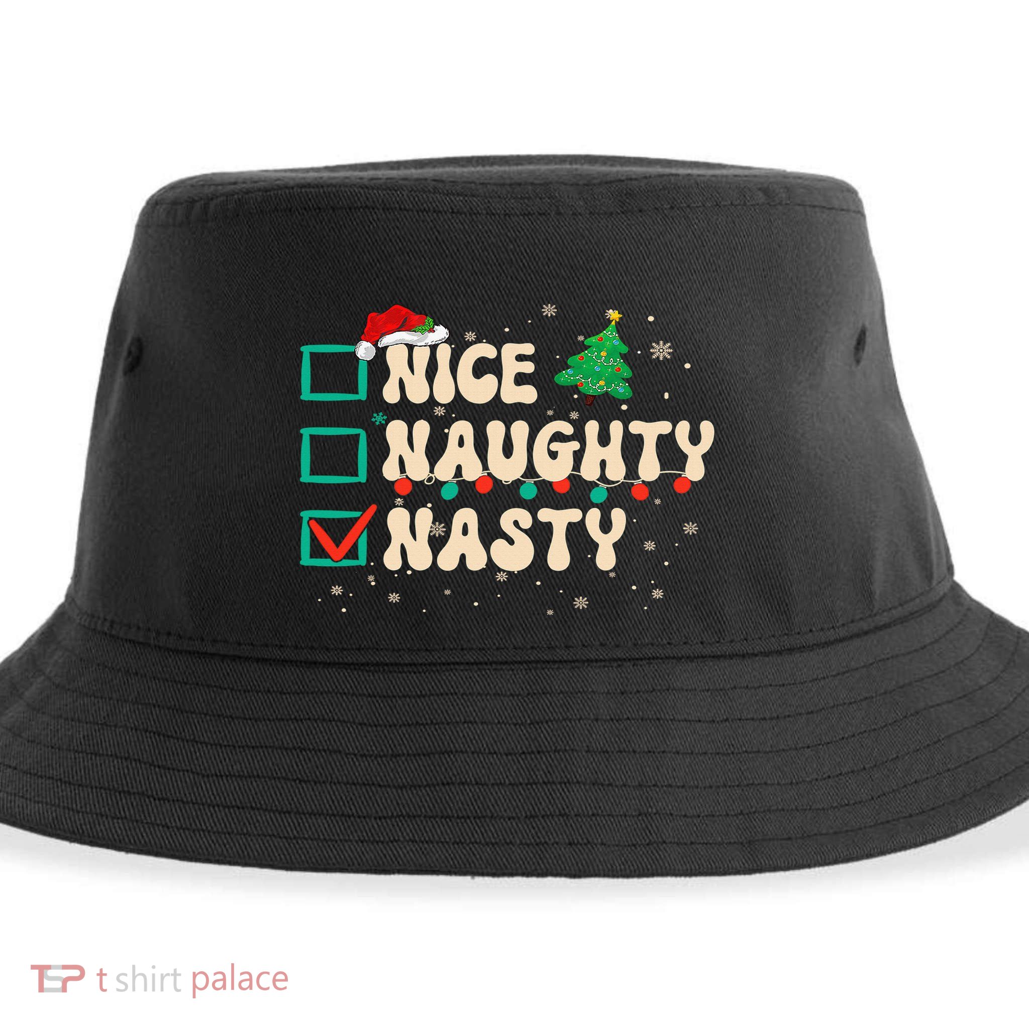 Nice Naughty Nasty List Xmas Santa Claus PJs Funny Sustainable Bucket Hat