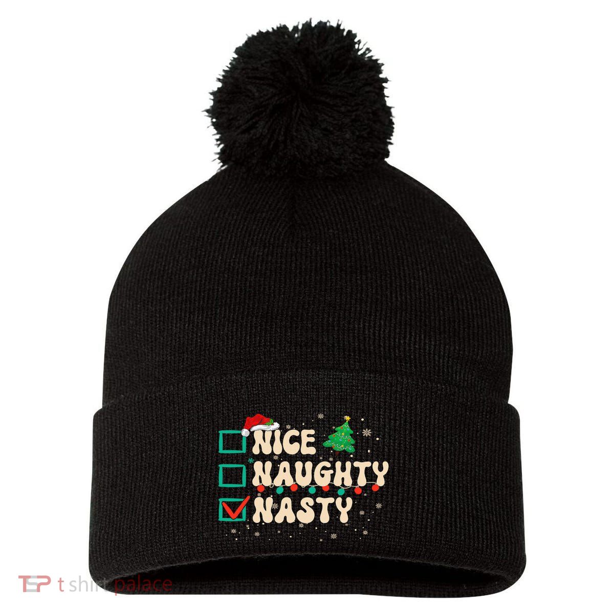 Nice Naughty Nasty List Xmas Santa Claus PJs Funny Pom Pom 12in Knit Beanie