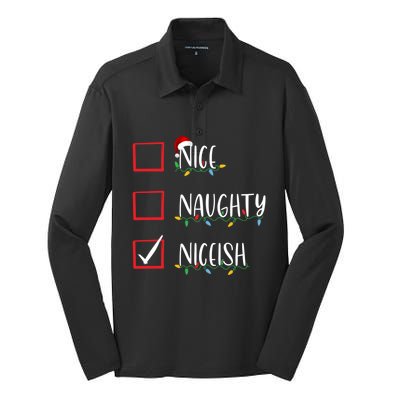 Nice Naughty Niceish Niceish Funny Christmas List Silk Touch Performance Long Sleeve Polo