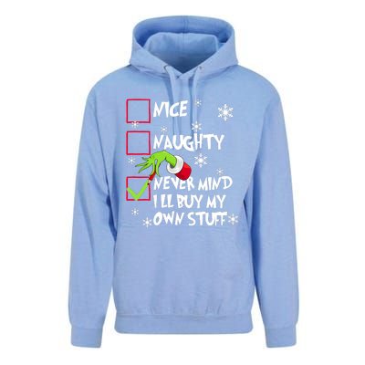 Nice Naughty Never Mind ILl Buy My Own Stuff Christmas List Unisex Surf Hoodie