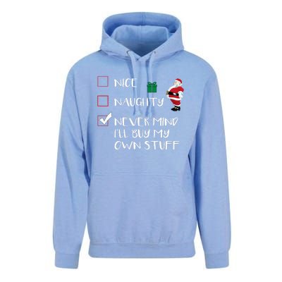 Nice Naughty Never Mind I'll Buy My Own Stuff Christmas List  Unisex Surf Hoodie