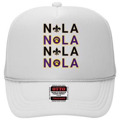 Nola New Orleans La We Love New Orleans Black Purple Gold High Crown Mesh Back Trucker Hat