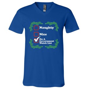 Naughty Nice On A Governt Watch List Ugly Christmas Gift V-Neck T-Shirt