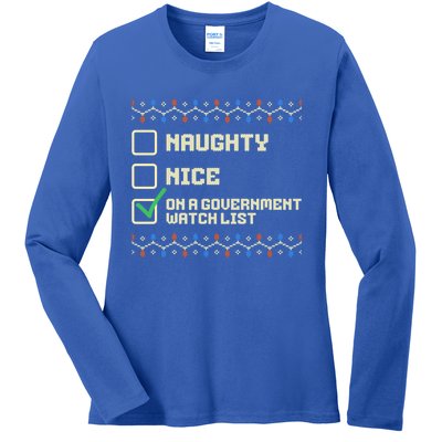 Naughty Nice On A Governt Watch List Funny Christmas Xmas Funny Gift Ladies Long Sleeve Shirt