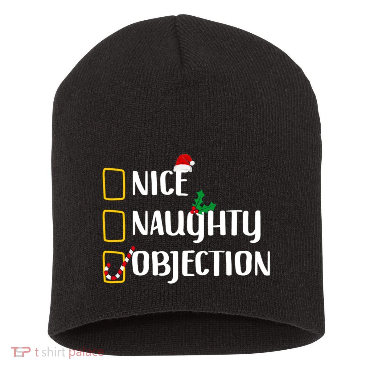 Nice Naughty Objection Christmas List Funny Short Acrylic Beanie