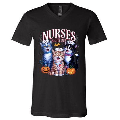 Nurses Night Out Halloween Cats Funny Nurse Costume V-Neck T-Shirt