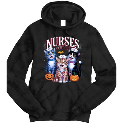 Nurses Night Out Halloween Cats Funny Nurse Costume Tie Dye Hoodie