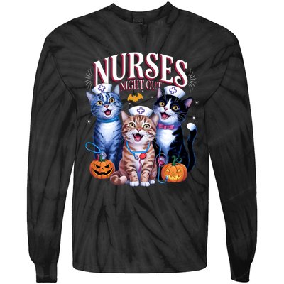 Nurses Night Out Halloween Cats Funny Nurse Costume Tie-Dye Long Sleeve Shirt