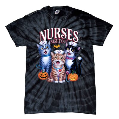 Nurses Night Out Halloween Cats Funny Nurse Costume Tie-Dye T-Shirt