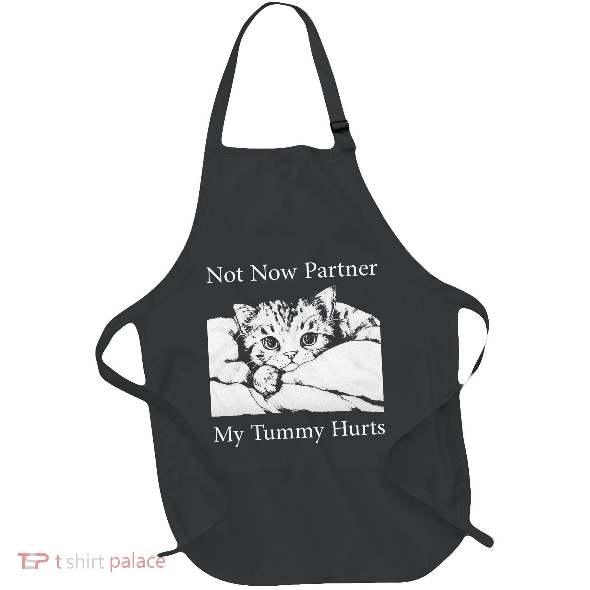 Not Now Partner My Tummy Hurts Funny Cat Design Cat Lovers Full-Length Apron With Pockets