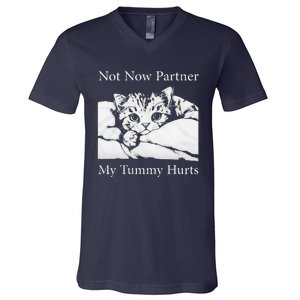 Not Now Partner My Tummy Hurts Funny Cat Design Cat Lovers V-Neck T-Shirt