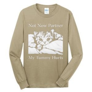 Not Now Partner My Tummy Hurts Funny Cat Design Cat Lovers Tall Long Sleeve T-Shirt