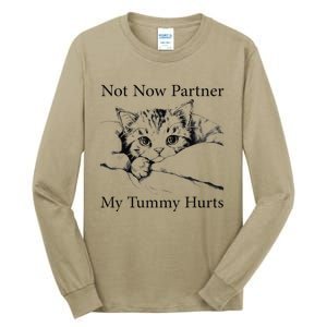 Not Now Partner My Tummy Hurts Funny Cat Design Cat Lovers Tall Long Sleeve T-Shirt