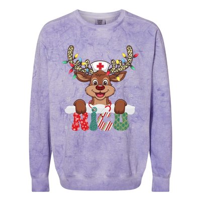 Nicu Nurse Reindeer Nurse Hat Christmas Light Women Girl Colorblast Crewneck Sweatshirt