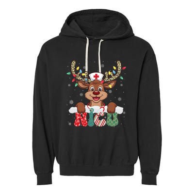 Nicu Nurse Reindeer Nurse Hat Christmas Light Women Girl Garment-Dyed Fleece Hoodie