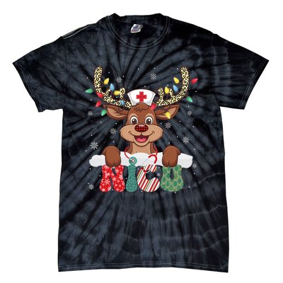 Nicu Nurse Reindeer Nurse Hat Christmas Light Women Girl Tie-Dye T-Shirt