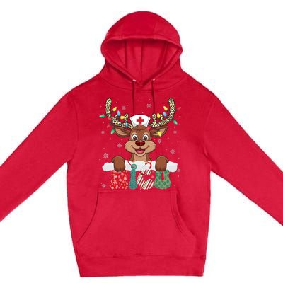 Nicu Nurse Reindeer Nurse Hat Christmas Light Women Girl Premium Pullover Hoodie