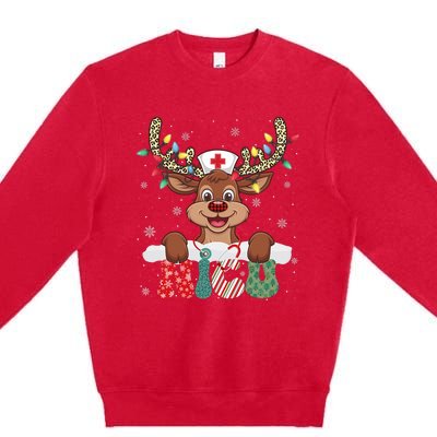 Nicu Nurse Reindeer Nurse Hat Christmas Light Women Girl Premium Crewneck Sweatshirt