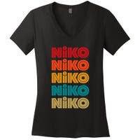 Niko Name Retro Given Name Colorful Inline Font Women's V-Neck T-Shirt