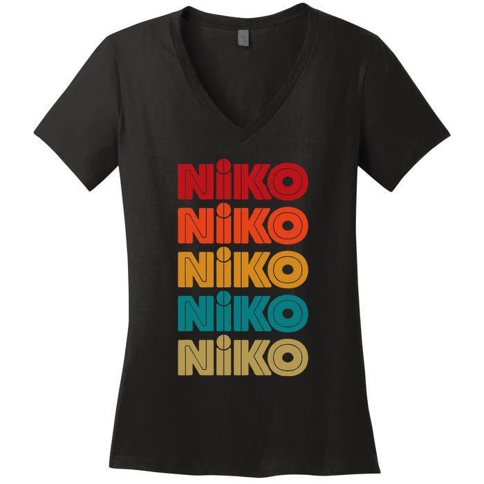 Niko Name Retro Given Name Colorful Inline Font Women's V-Neck T-Shirt
