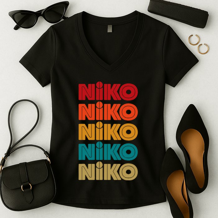 Niko Name Retro Given Name Colorful Inline Font Women's V-Neck T-Shirt