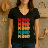Niko Name Retro Given Name Colorful Inline Font Women's V-Neck T-Shirt