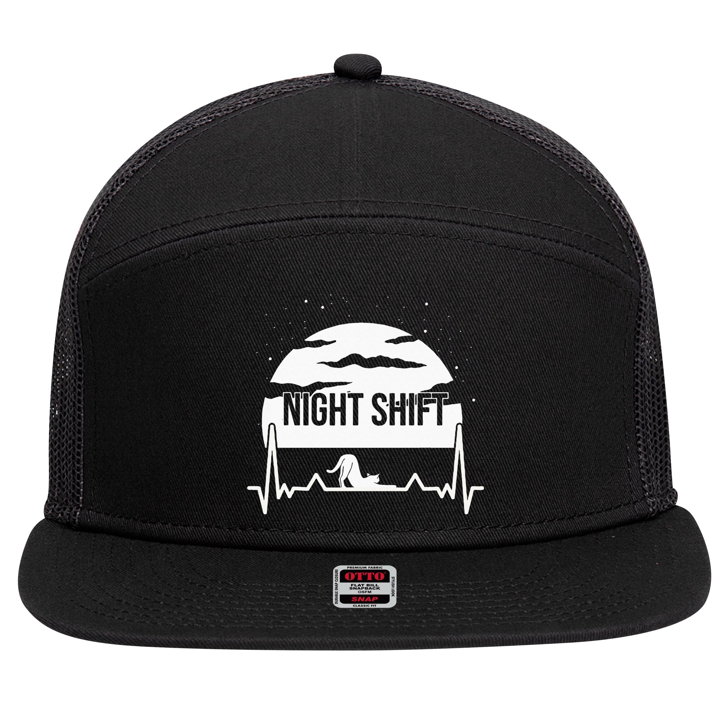 Nurse Night Shift Moon Cat EKG ECG Cardiac 7 Panel Mesh Trucker Snapback Hat
