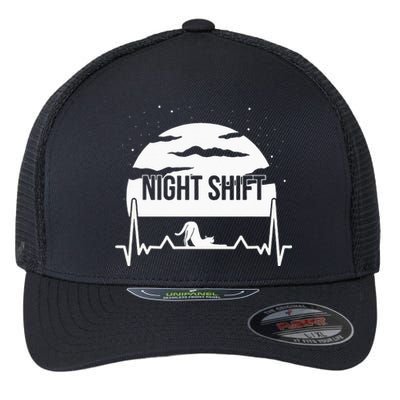 Nurse Night Shift Moon Cat EKG ECG Cardiac Flexfit Unipanel Trucker Cap