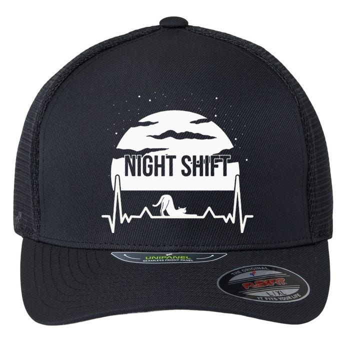 Nurse Night Shift Moon Cat EKG ECG Cardiac Flexfit Unipanel Trucker Cap