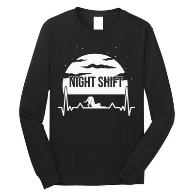 Nurse Night Shift Moon Cat EKG ECG Cardiac Long Sleeve Shirt