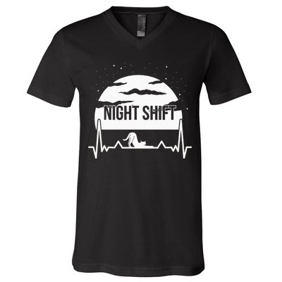 Nurse Night Shift Moon Cat EKG ECG Cardiac V-Neck T-Shirt