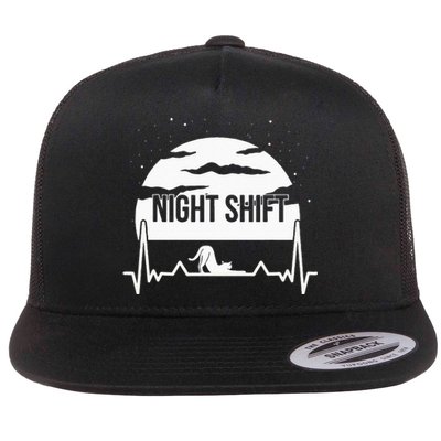 Nurse Night Shift Moon Cat EKG ECG Cardiac Flat Bill Trucker Hat