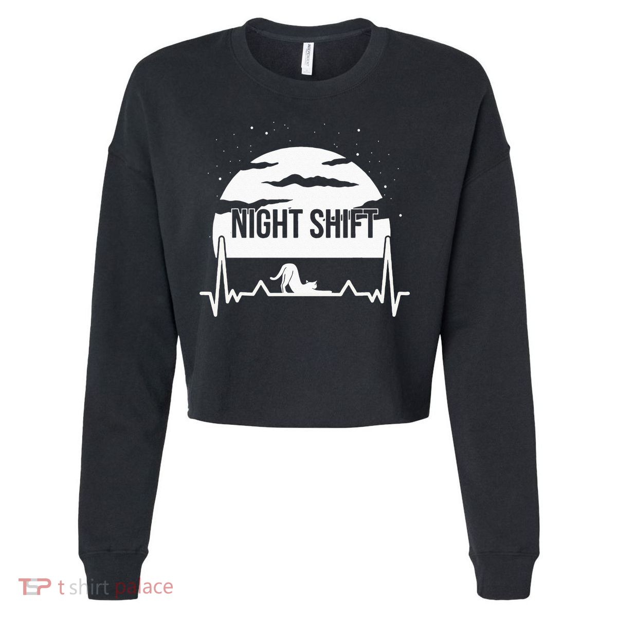 Nurse Night Shift Moon Cat EKG ECG Cardiac Cropped Pullover Crew
