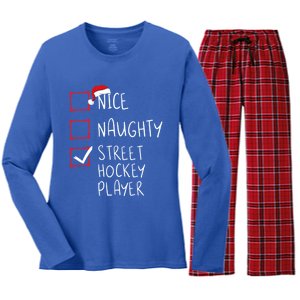 Nice Naughty Street Hockey Player Christmas List Santa Claus Gift Women's Long Sleeve Flannel Pajama Set 