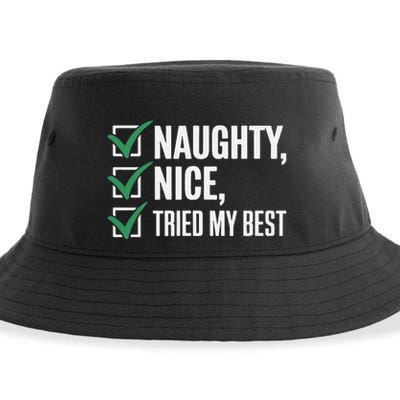 Naughty Nice Tried My Best Funny Christmas Checklist Sustainable Bucket Hat