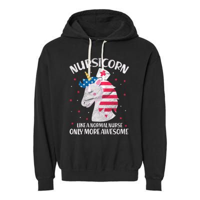 Nursicorn Nurse Unicorn Usa Flag 4th Of July Patriotic Cute Gift Garment-Dyed Fleece Hoodie