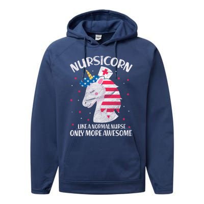 Nursicorn Nurse Unicorn Usa Flag 4th Of July Patriotic Cute Gift Performance Fleece Hoodie