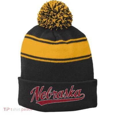Nebraska Ne Vintage Sports Stripe Pom Pom Beanie