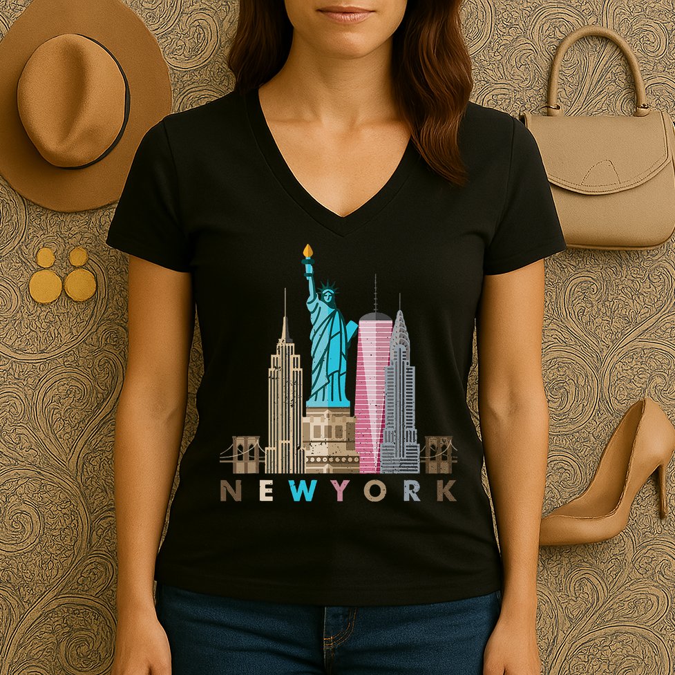 Nyc New York City Skylines Statue Of Liberty Women's V-Neck T-Shirt