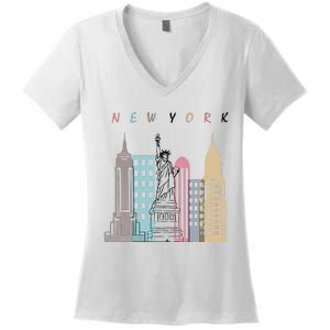 NYC New York City Manhattan skylines statue of liberty Women's V-Neck T-Shirt