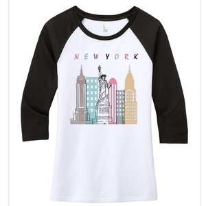 NYC New York City Manhattan skylines statue of liberty Women's Tri-Blend 3/4-Sleeve Raglan Shirt