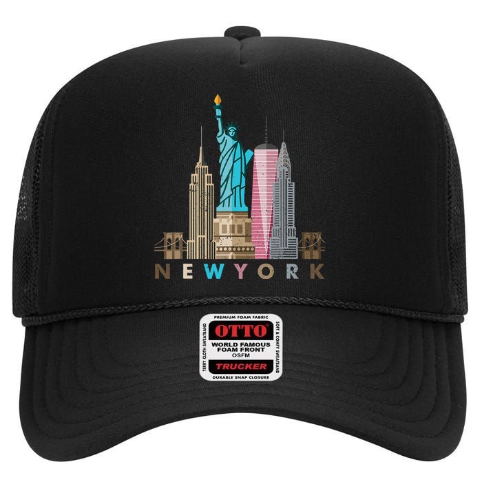 Nyc New York City Skylines Statue Of Liberty High Crown Mesh Back Trucker Hat