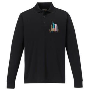 Nyc New York City Skylines Statue Of Liberty Performance Long Sleeve Polo