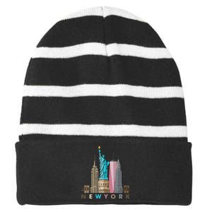 Nyc New York City Skylines Statue Of Liberty Striped Beanie with Solid Band