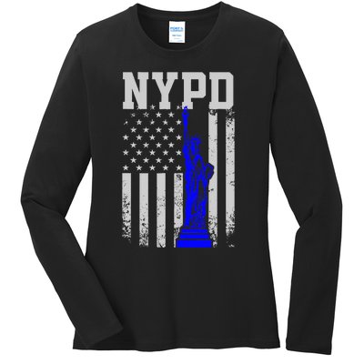 NYPD New York Police Department Statue Of Liberty Distressed Ladies Long Sleeve Shirt