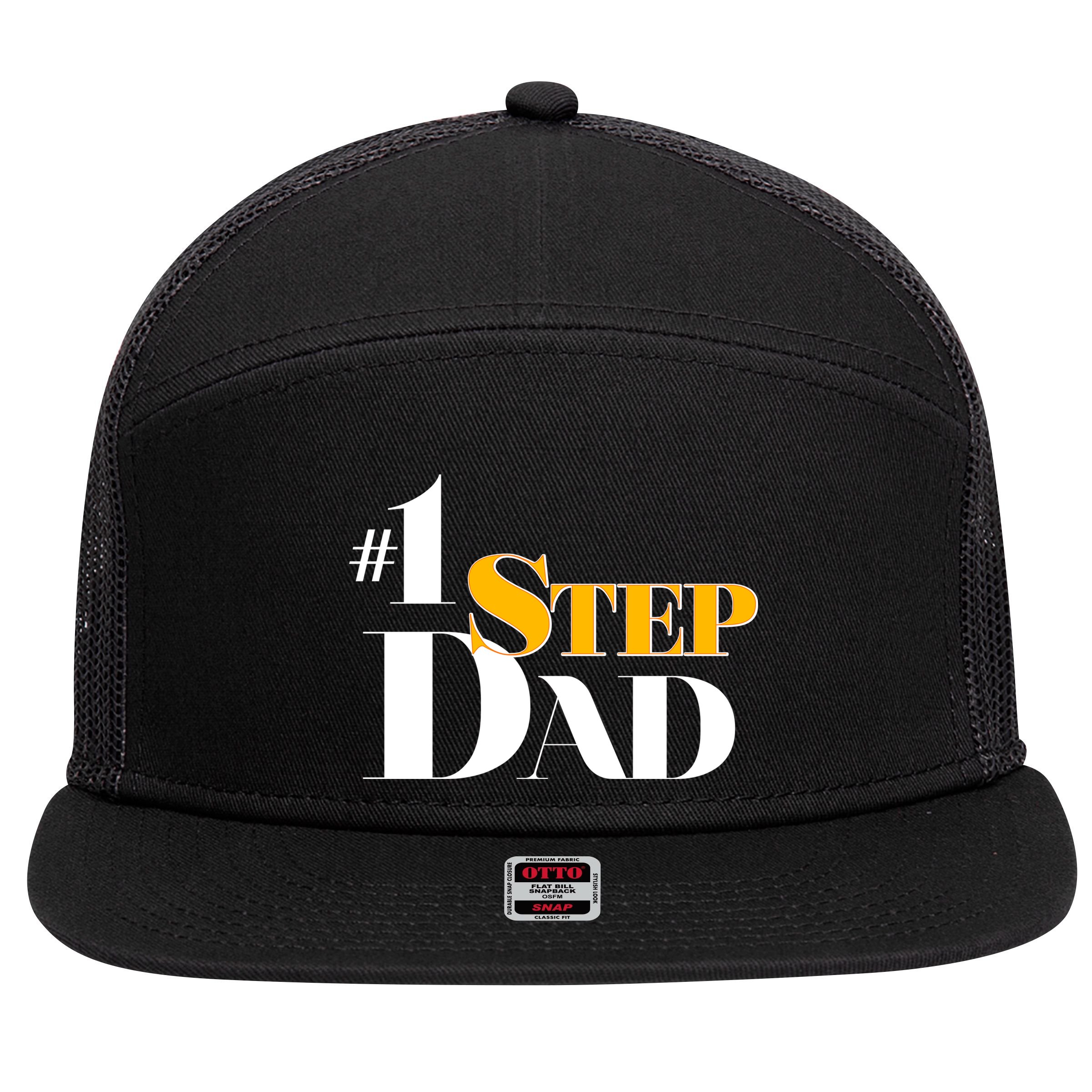 No 1 Step Dad Father's Day 7 Panel Mesh Trucker Snapback Hat
