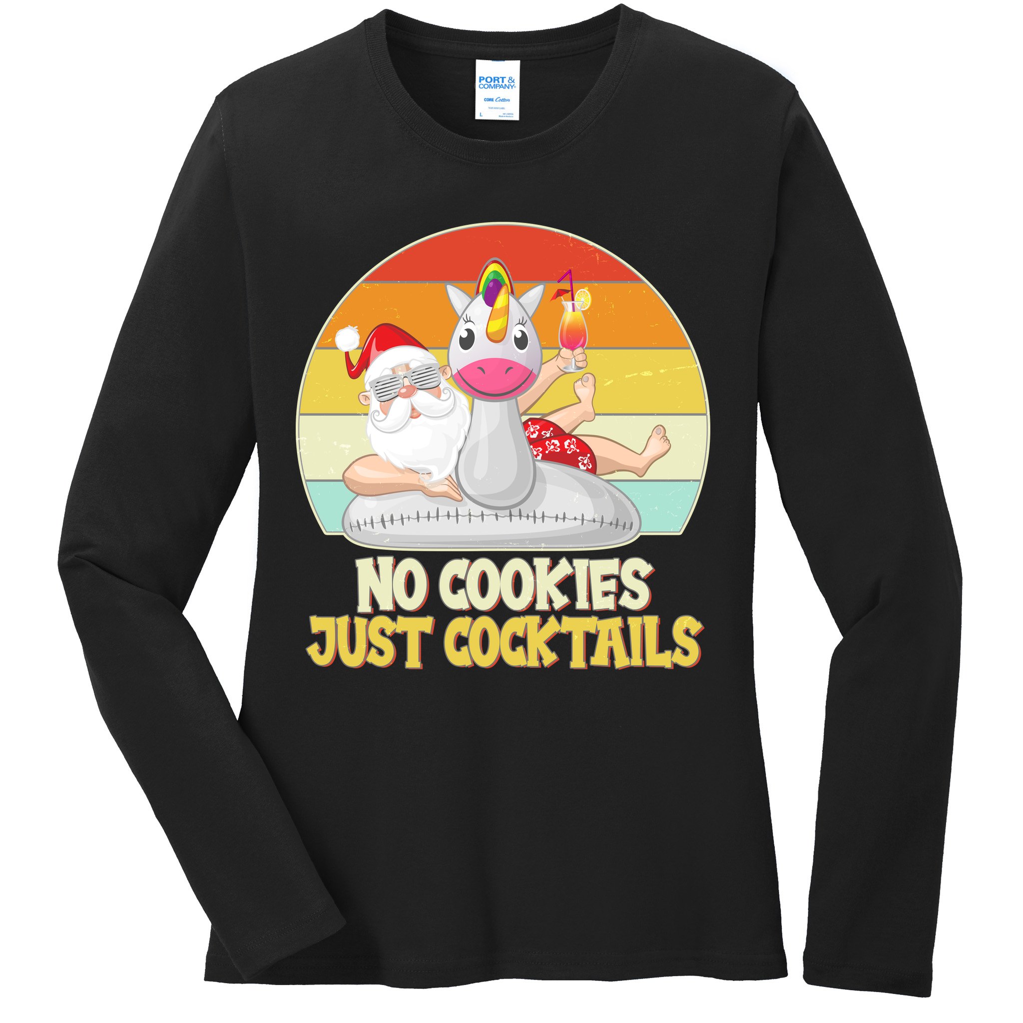 No Cookies Just Cocktails Summer Vacation Santa Claus Ladies Long Sleeve Shirt