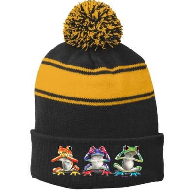 No Evil Colorful Frogs Stripe Pom Pom Beanie