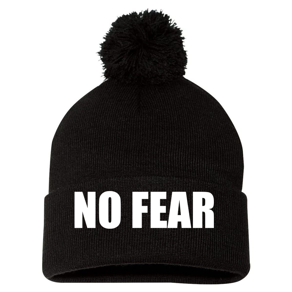 No Fear Word Imprint Pom Pom 12in Knit Beanie