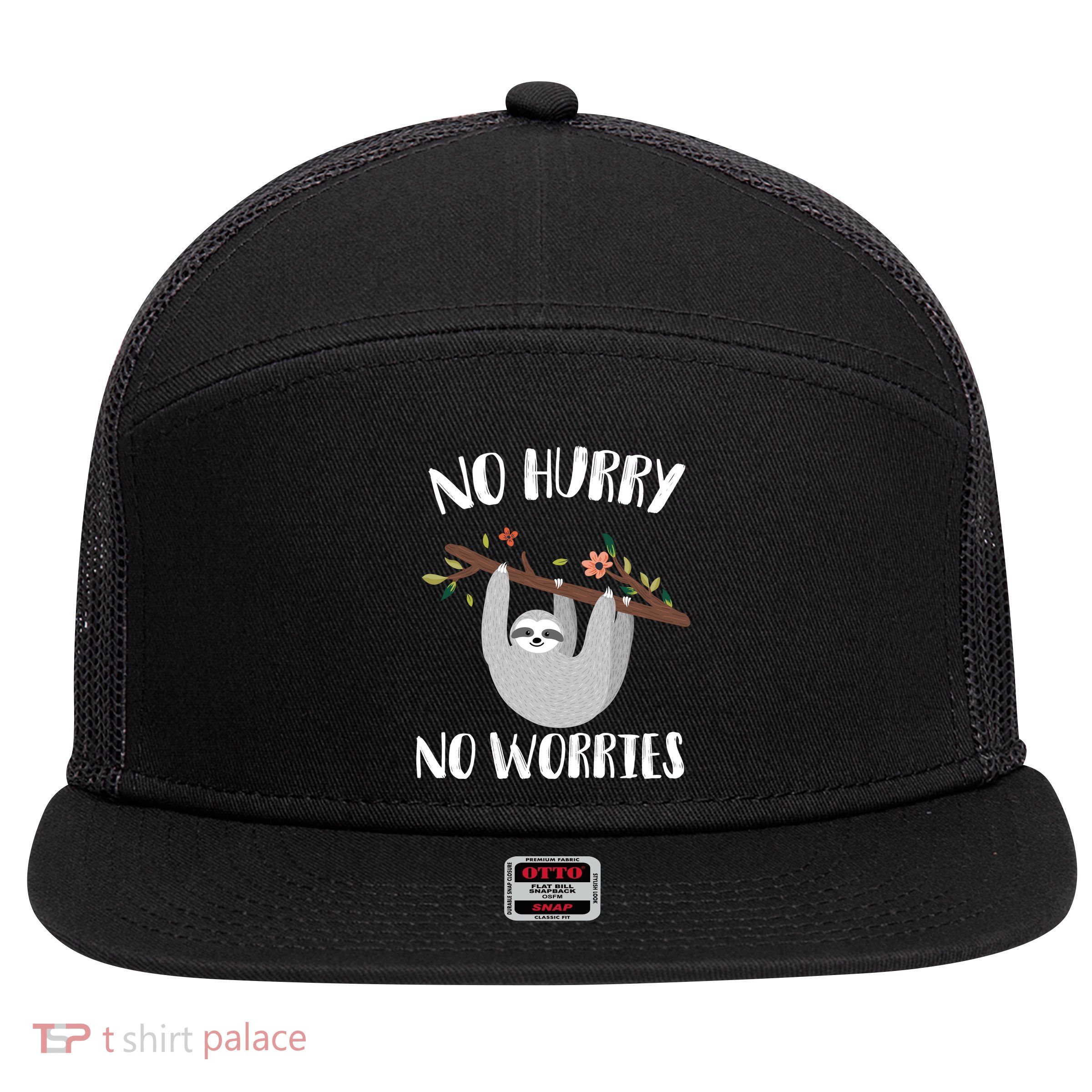 No Hurry No Worries Lazy Sloth 7 Panel Mesh Trucker Snapback Hat